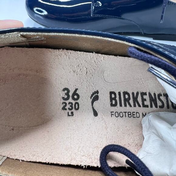 Birkenstock Saunders Patent Leather Clog Navy Women 5/Men 3 EU36 NWB Narrow - Picture 9 of 10